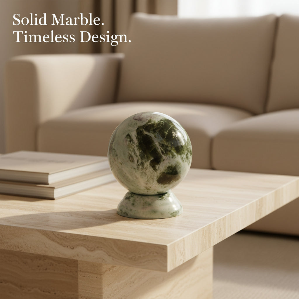 Green marble sphere surface and veining detail