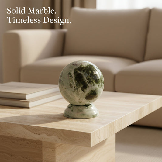 Green marble sphere surface and veining detail