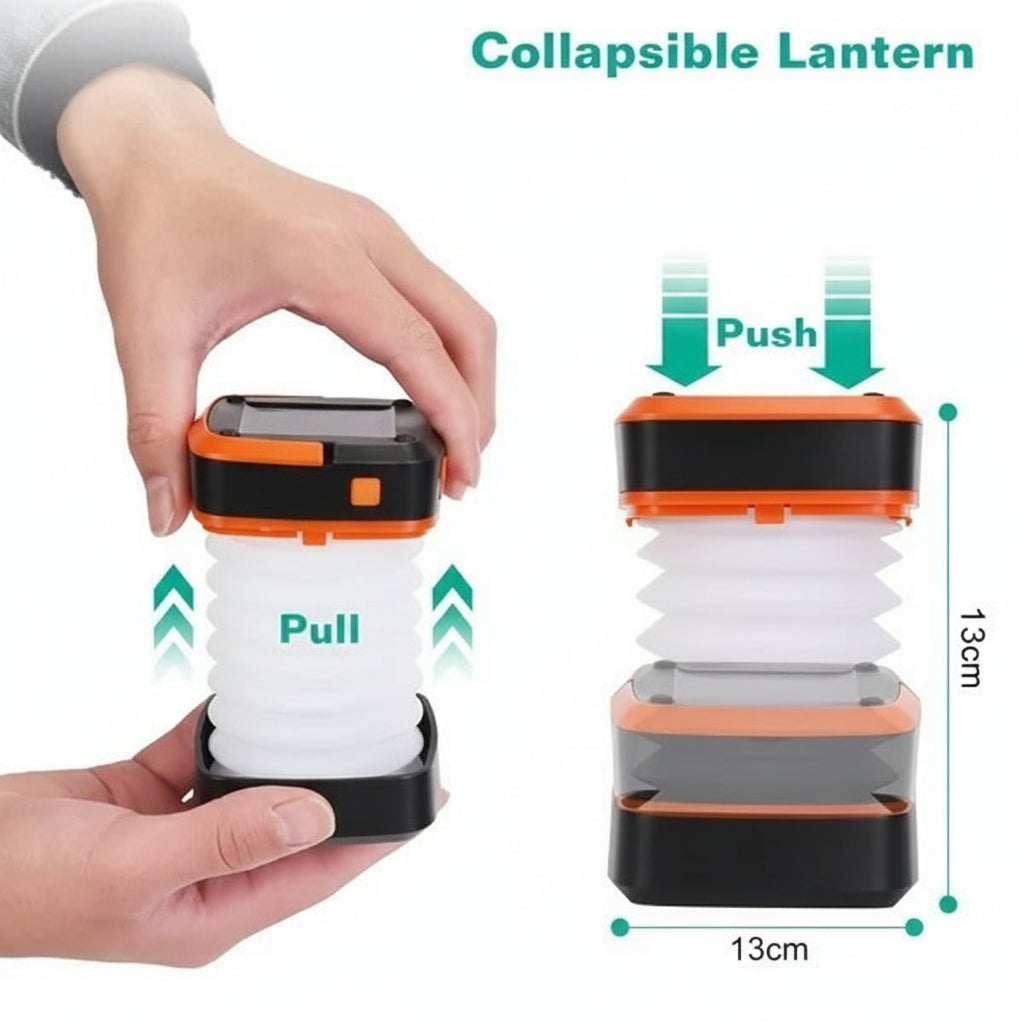 Collapsible lantern being held by a hand with dimensions displayed on a white background
