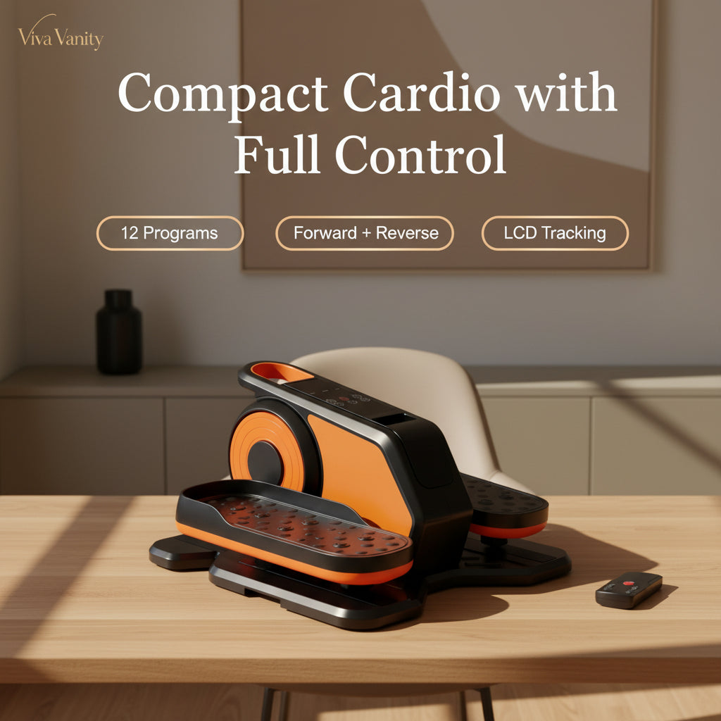 Black and orange exercise with remote control on a white 