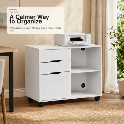 3-Drawer Mobile File Cabinet with Open Shelf & Locking Casters | Viva Elite