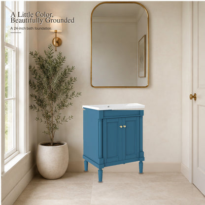 Blue 24-inch bathroom vanity with white sink top in a warm modern bathroom