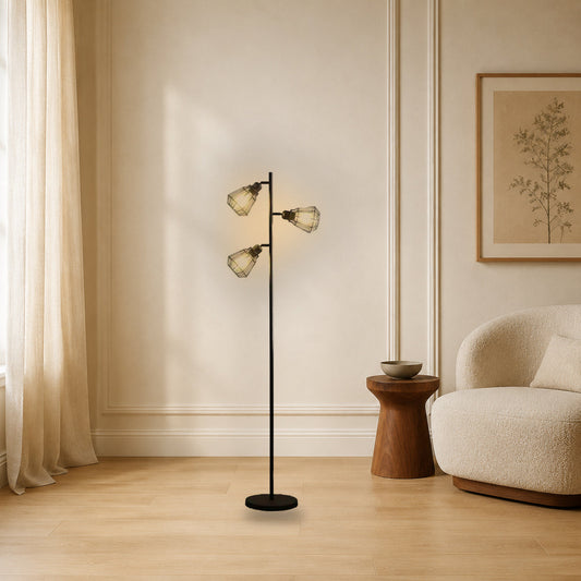 65-inch matte black three-light cage floor lamp in a warm living room