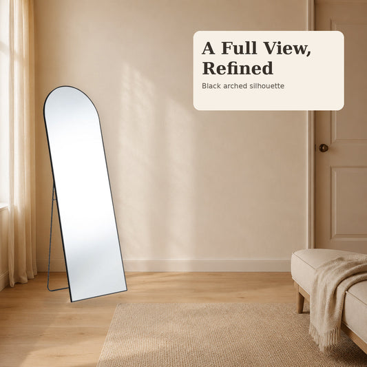 Black arched full-length mirror in a warm bedroom | Viva Vanity