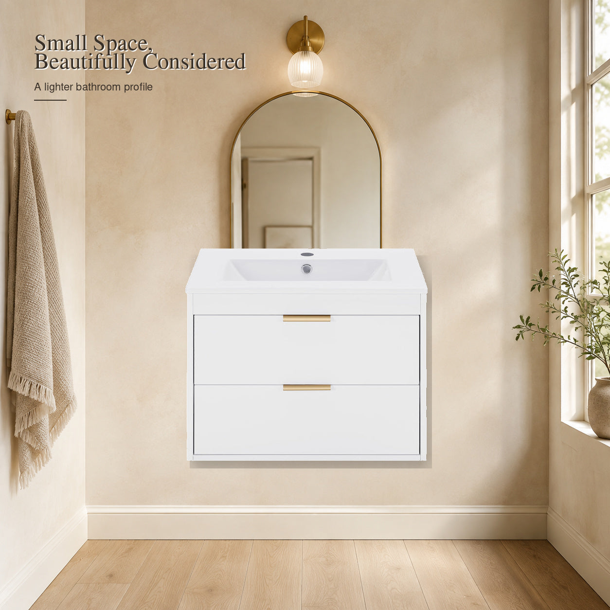 24-inch white floating bathroom vanity in a warm small-space bathroom