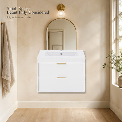 24-inch white floating bathroom vanity in a warm small-space bathroom