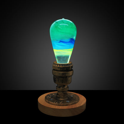 Colorful glass sculpture on a wooden base with a dark background 1
