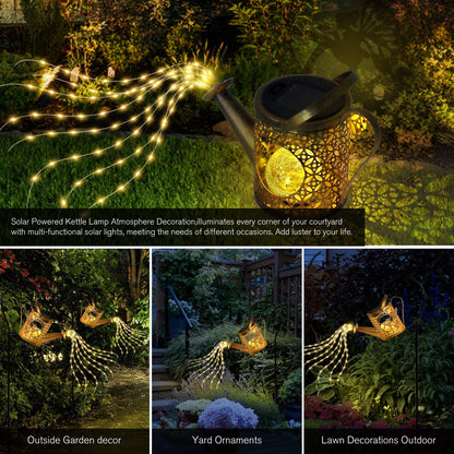 Solar-powered kettle lamp with string lights illuminating a garden at night.