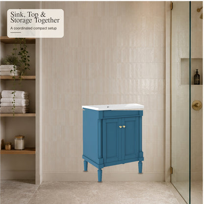 Blue 24-inch vanity showing included white sink top and cabinet storage