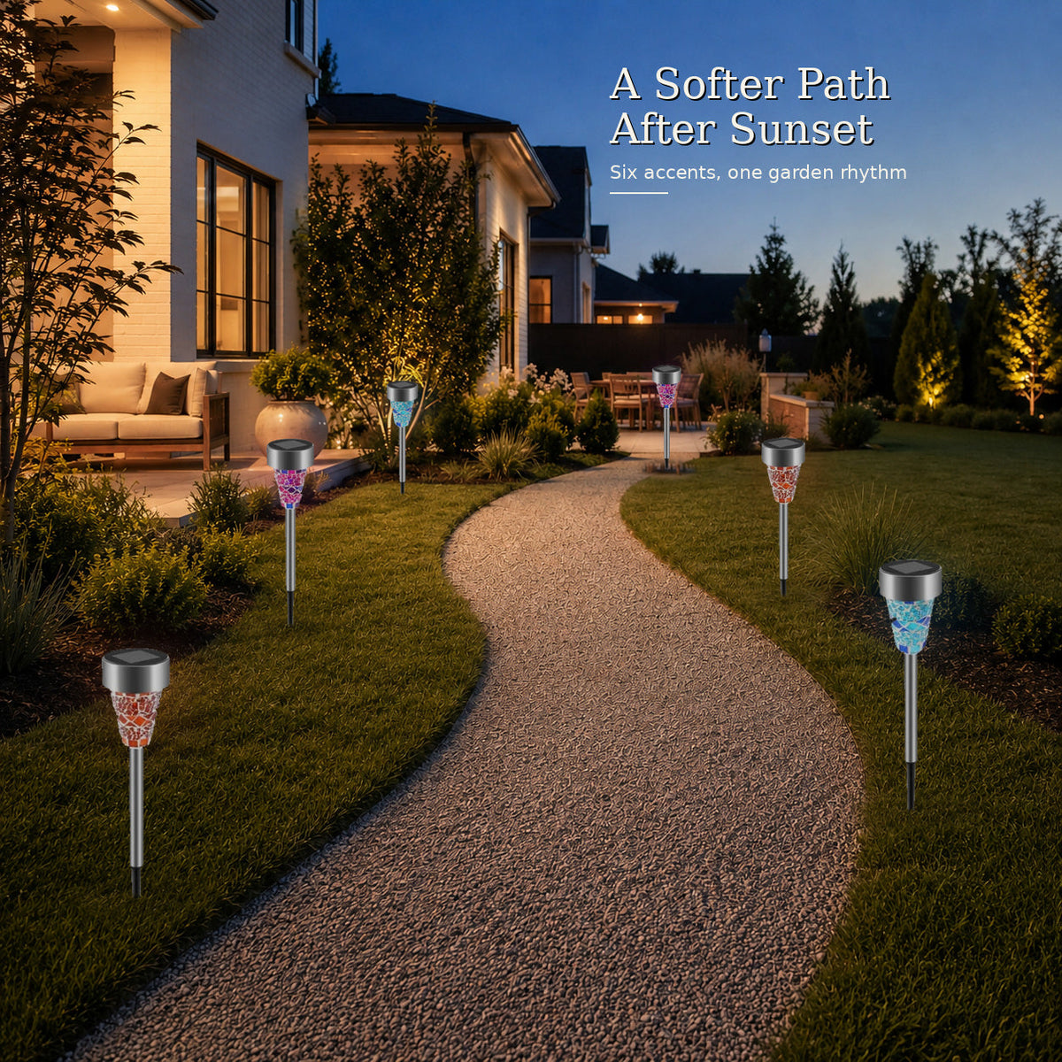 Six solar courtyard stake lights illuminating a garden path after sunset