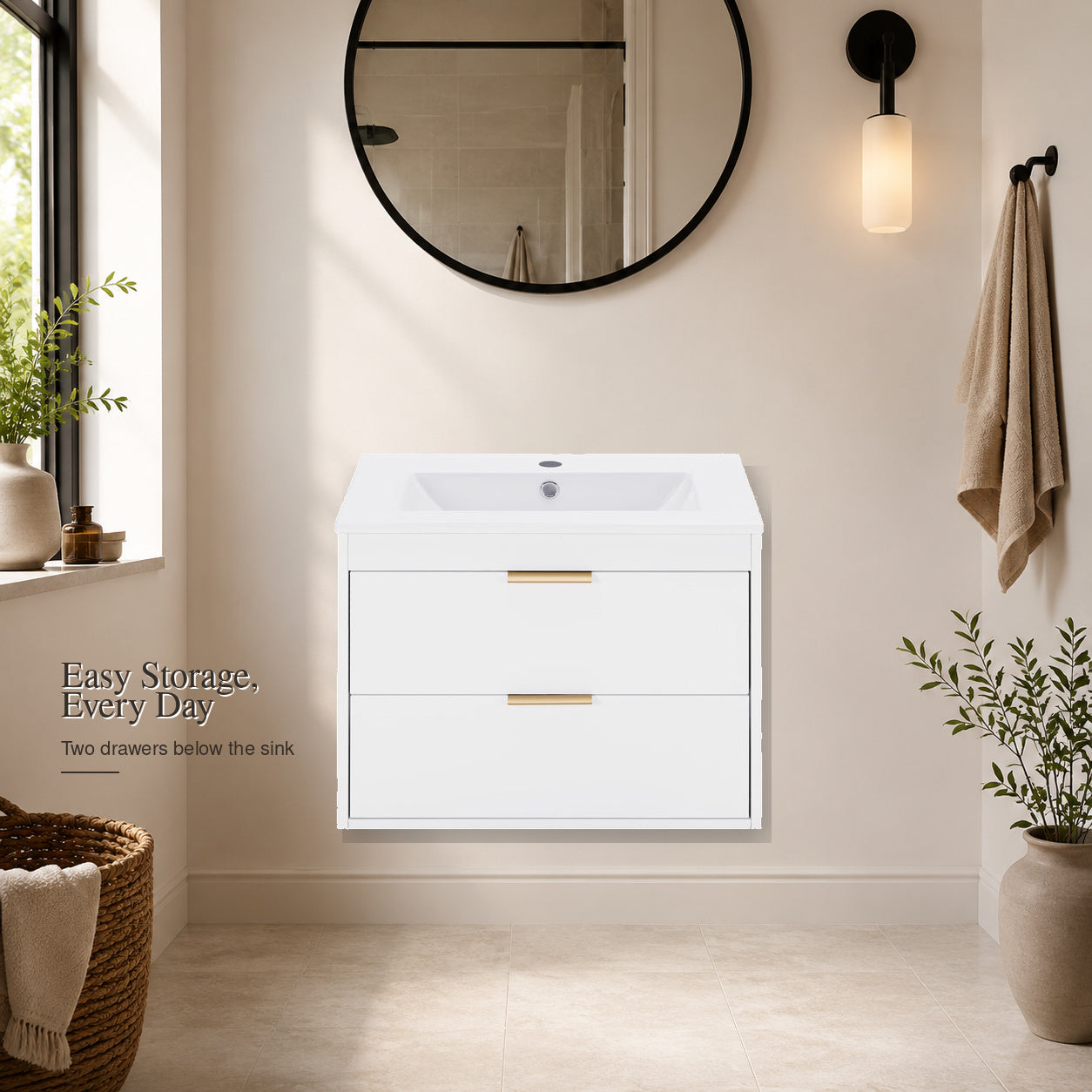 White wall-mounted bathroom vanity with ceramic sink and drawer storage