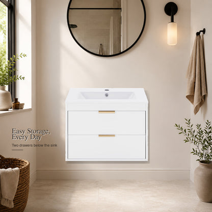 White wall-mounted bathroom vanity with ceramic sink and drawer storage