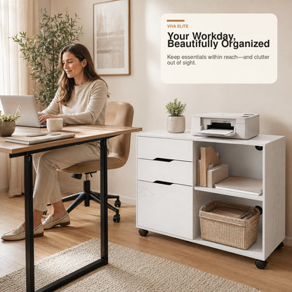 3-Drawer Mobile File Cabinet with Open Shelf & Locking Casters | Viva Elite