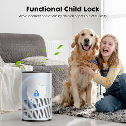 Air purifier with child lock feature in a living room setting with a girl and dog.