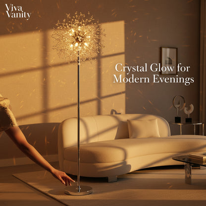Decorative floor lamp in a living room with 'Viva Vanity' branding and text 'Crystal Glow for Modern Evenings'.