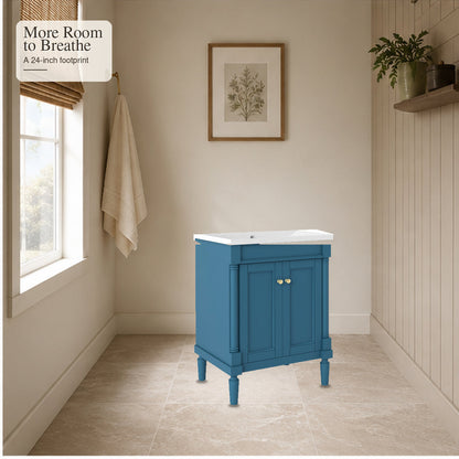 Compact blue 24-inch bathroom vanity in a small bathroom layout