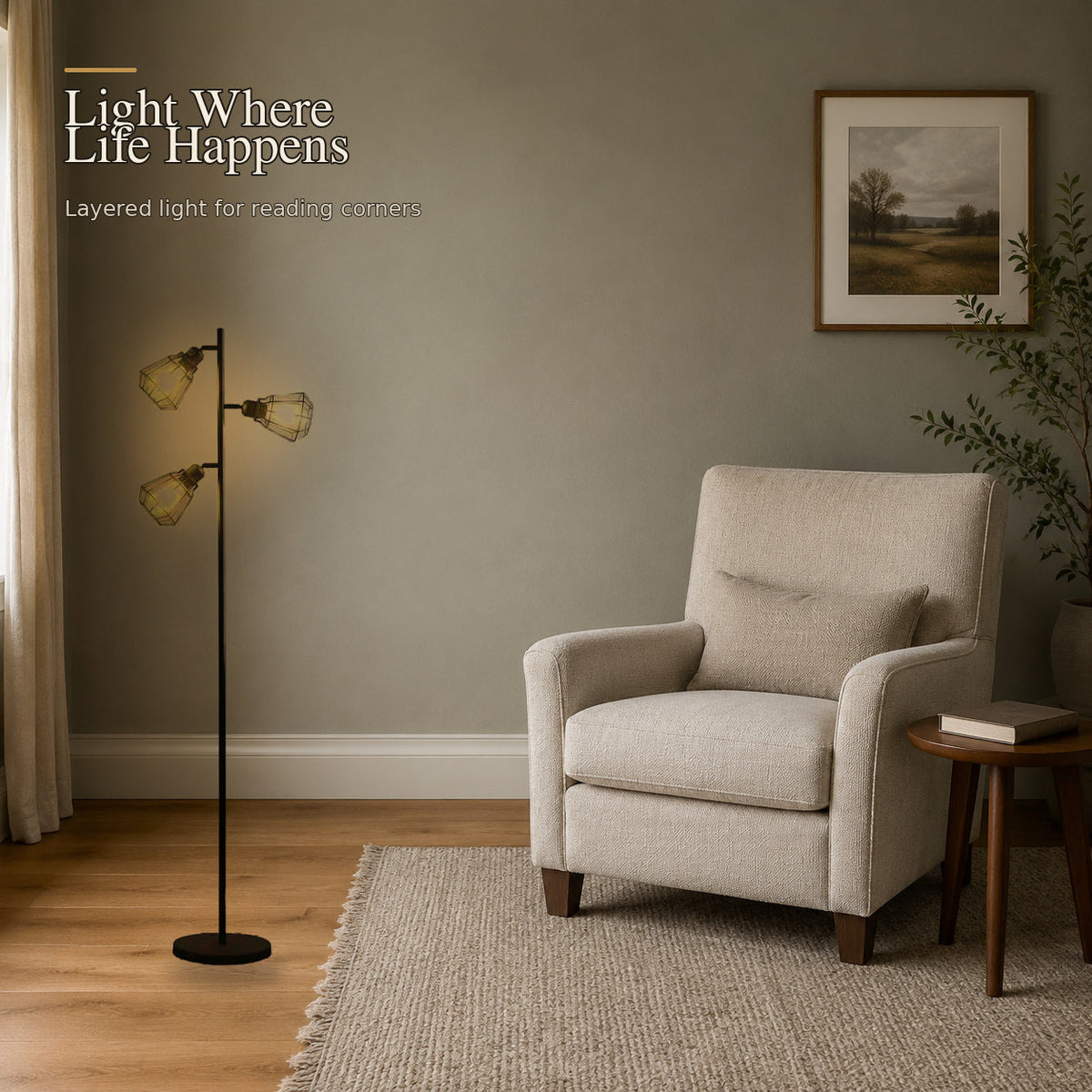 Three-light cage floor lamp illuminating a cozy reading corner