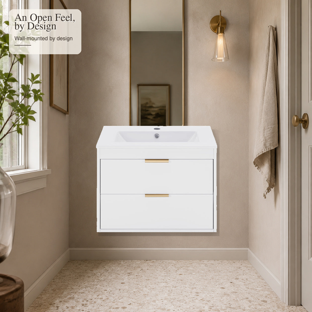 Floating white bathroom vanity showing visible floor space below