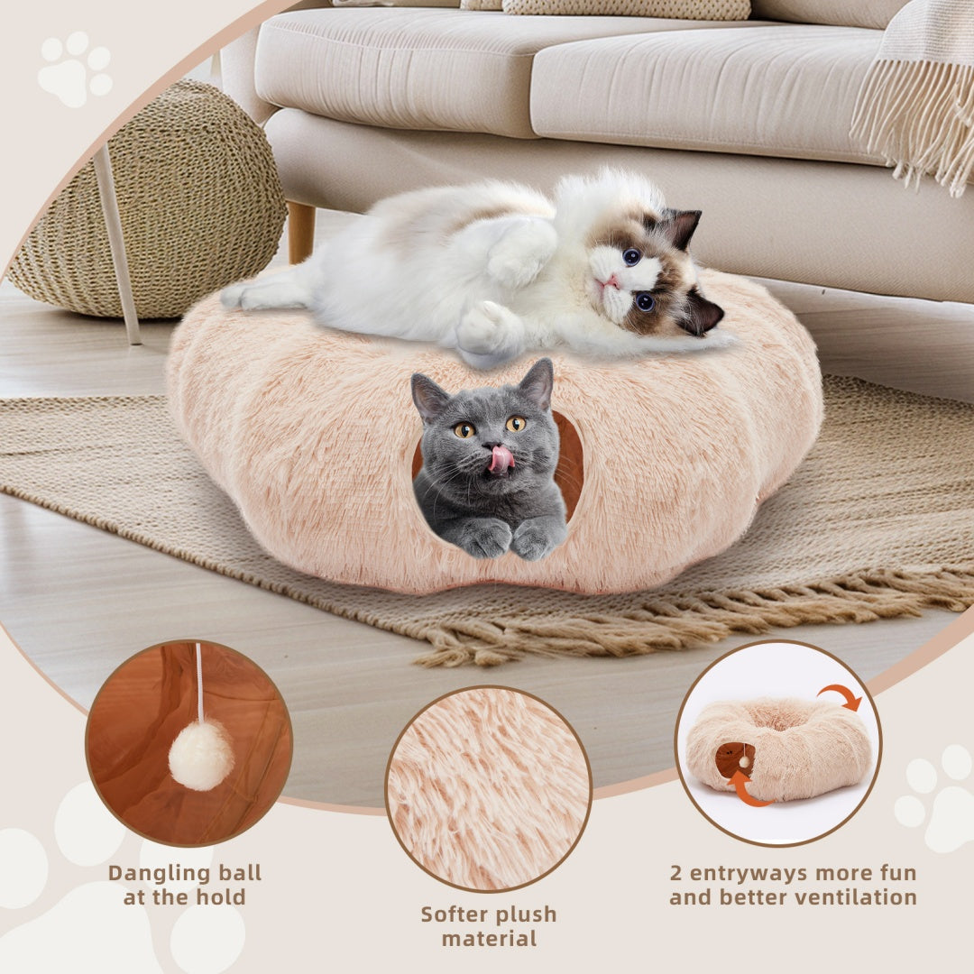 Plush Cat Tunnel with Donut Cat Bed – Peekaboo Cave for Cats, Kittens & Rabbits