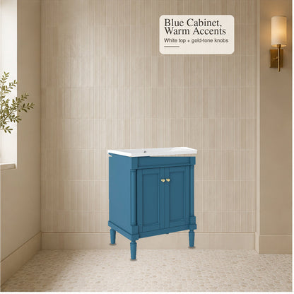 Blue vanity cabinet with white top and gold-tone knobs
