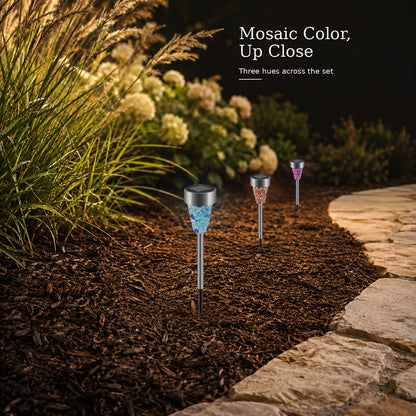 Close-up of colorful mosaic solar courtyard stake light design