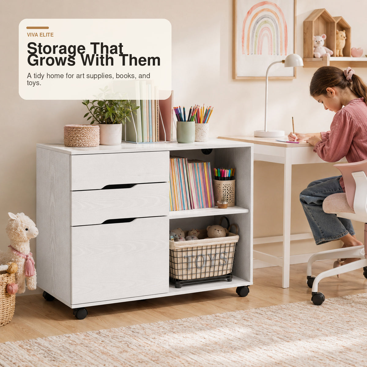 3-Drawer Mobile File Cabinet with Open Shelf & Locking Casters | Viva Elite