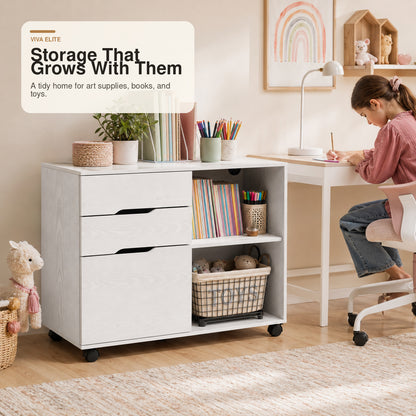 3-Drawer Mobile File Cabinet with Open Shelf & Locking Casters | Viva Elite