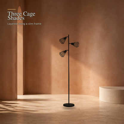 Matte black floor lamp with three staggered open cage shades