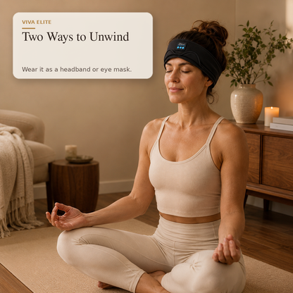 A woman in a beige ribbed activewear set sits cross-legged in a meditative pose in a cozy room, wearing a black VIVA ELITE headband and eye mask. A text overlay in the top left reads 'VIVA ELITE Two Ways to Unwind.