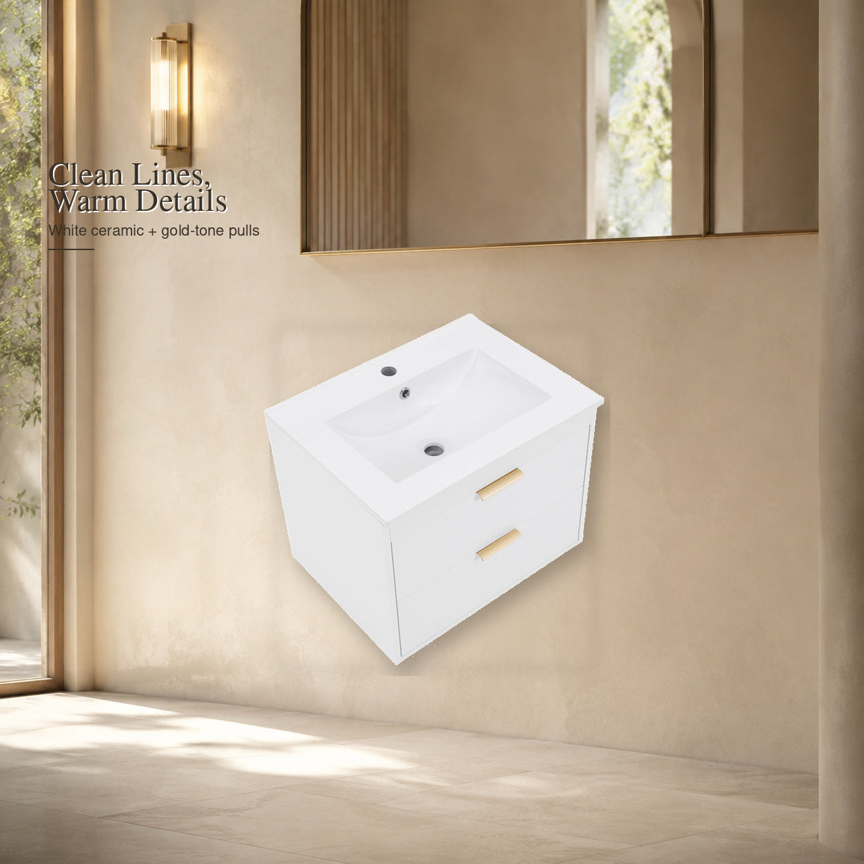 Three-quarter view of white ceramic-sink vanity with gold-tone pulls