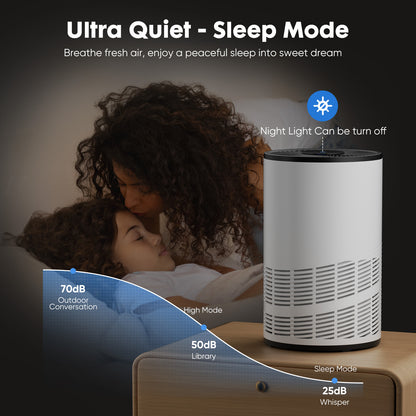Air purifier with night light feature on a table next to a couple, with text about ultra quiet sleep mode and noise levels.