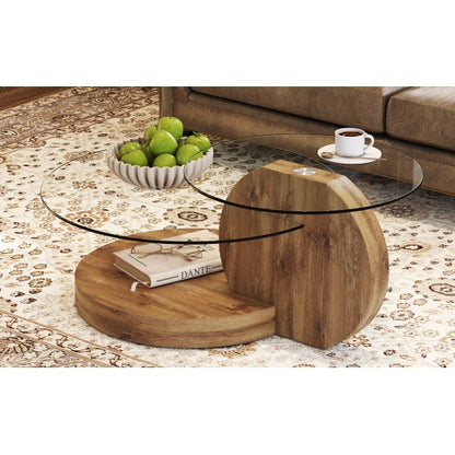Modern And Practical Double-layer Round Table. Glass Table Top, Wood MDF Table Legs. Suitable For Living Room And Bedroom