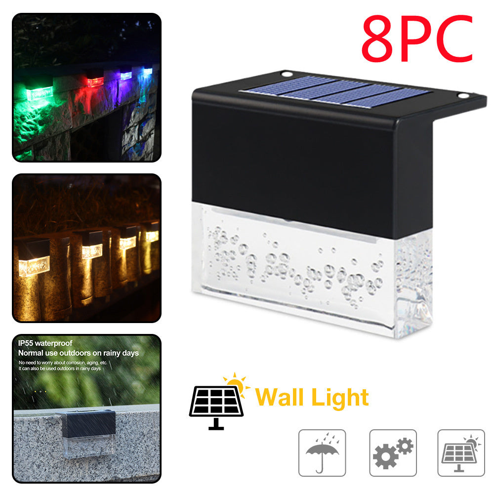 Solar wall light with colorful LED display and outdoor usage examples on a white background.