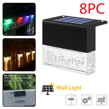 Solar wall light with colorful LED display and outdoor usage examples on a white background.