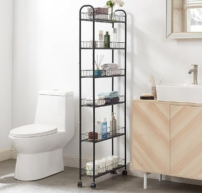 A 6-tier slim rolling shelf with wheels, featuring a white finish and multiple shelves with various bathroom items. It is positioned next to a toilet and a wooden vanity in a bathroom setting.