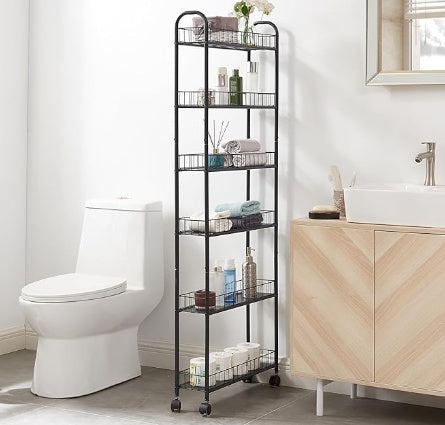 Viva Essentials Collection: 6-Tier Slim Rolling Shelf with Wheels
