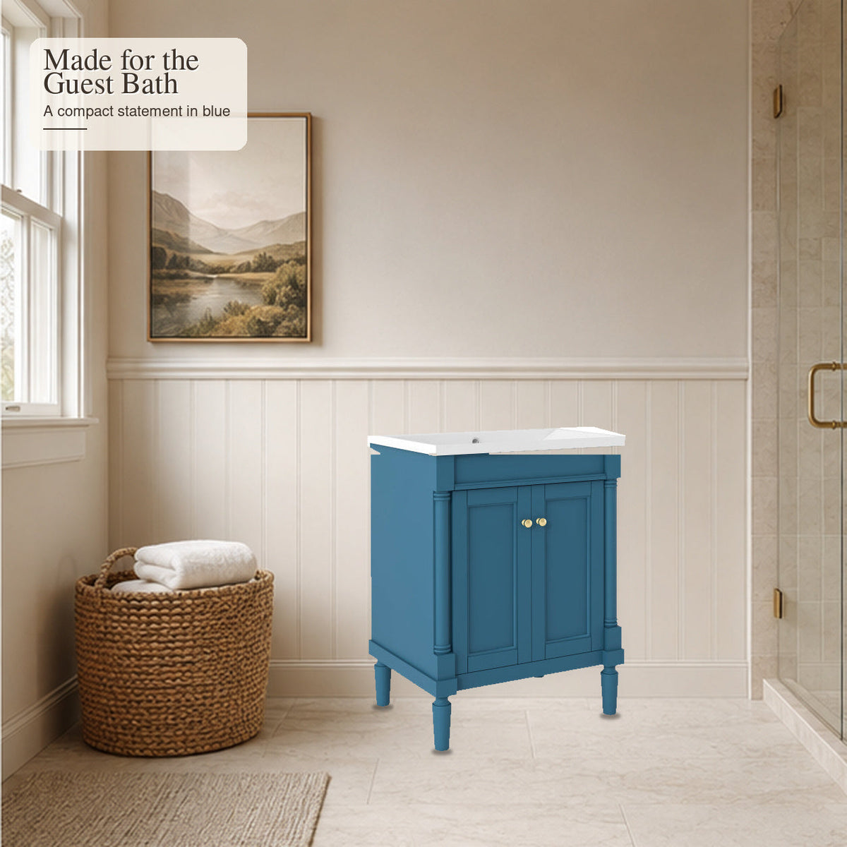 Blue 24-inch bathroom vanity styled in a warm guest bathroom