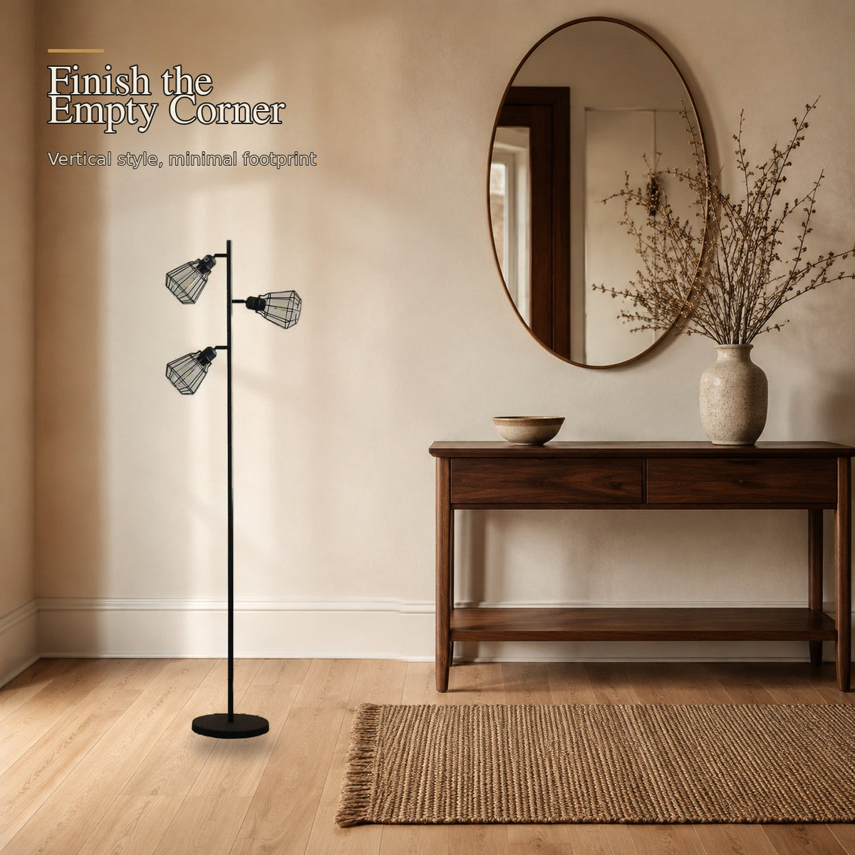 Slim three-light floor lamp styled in a warm entryway