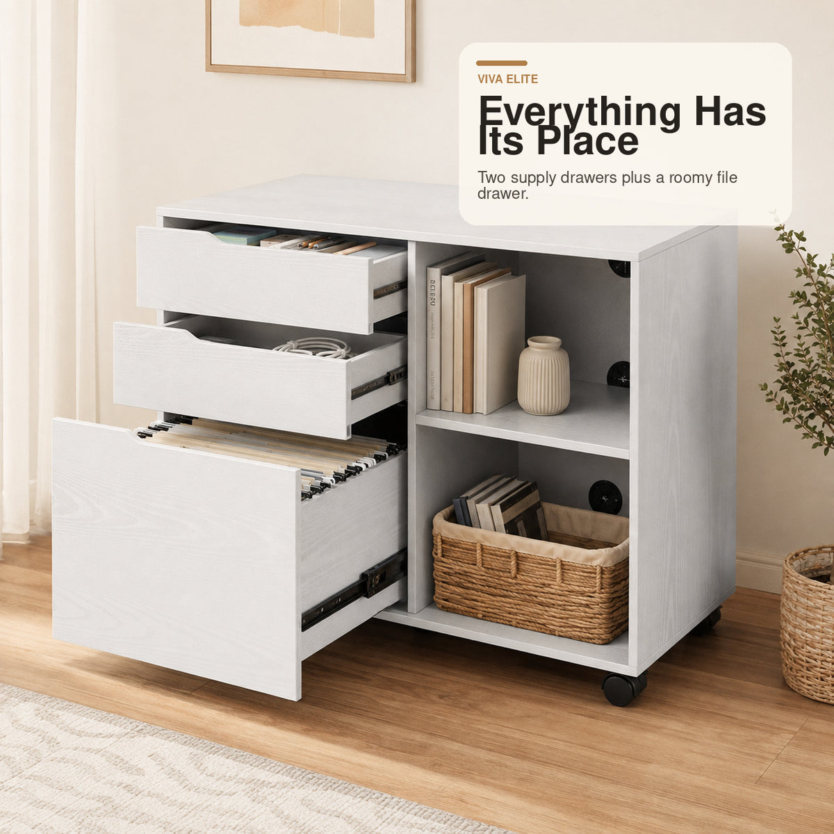 3-Drawer Mobile File Cabinet with Open Shelf & Locking Casters | Viva Elite