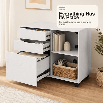 3-Drawer Mobile File Cabinet with Open Shelf & Locking Casters | Viva Elite