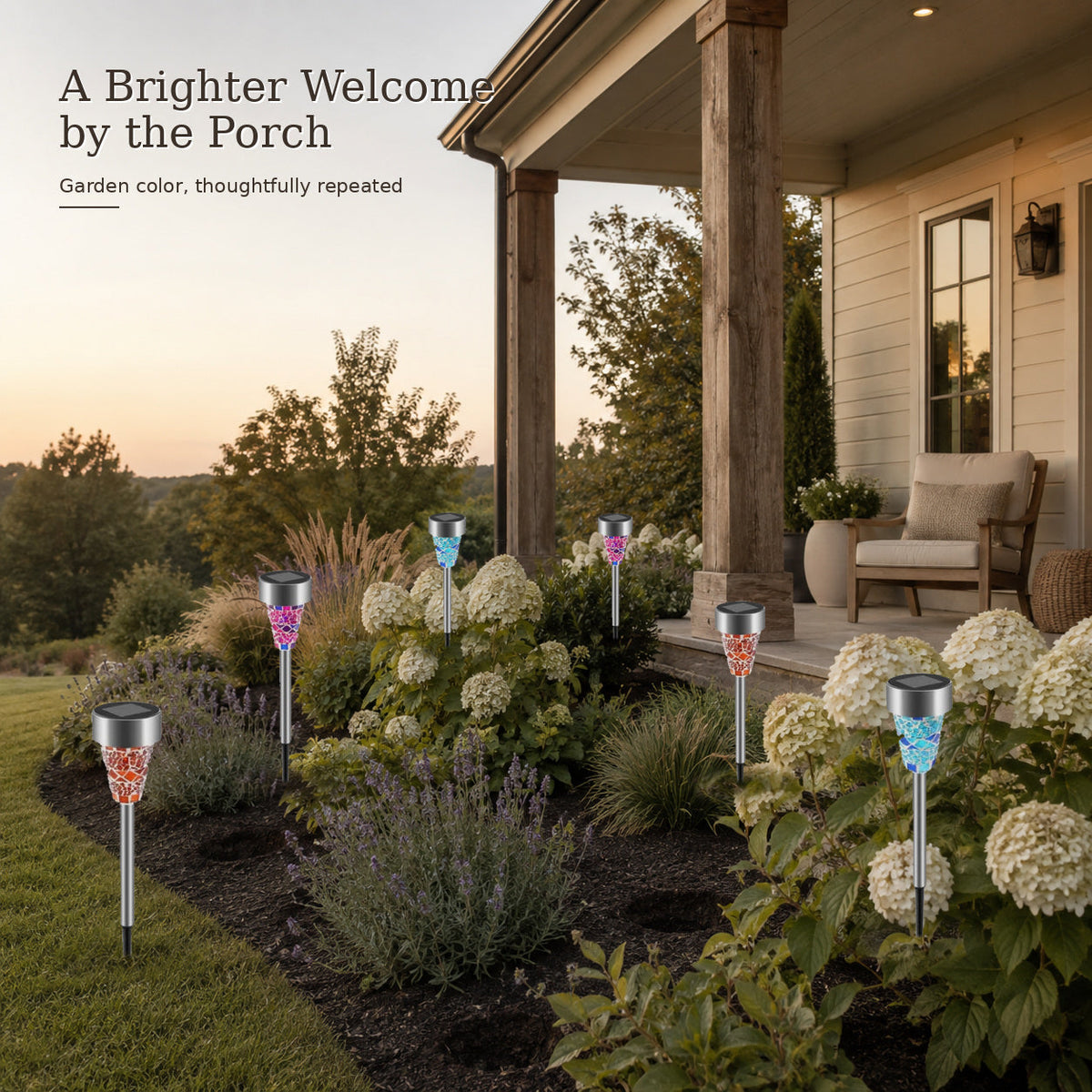 Solar courtyard stake lights creating a welcoming porch garden