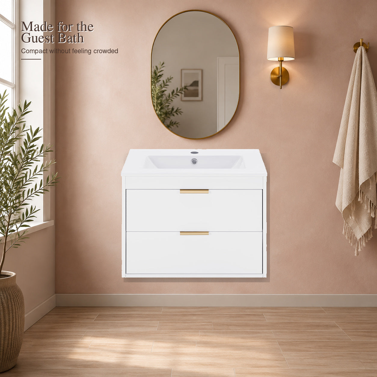 Compact white floating vanity styled in a warm guest bathroom