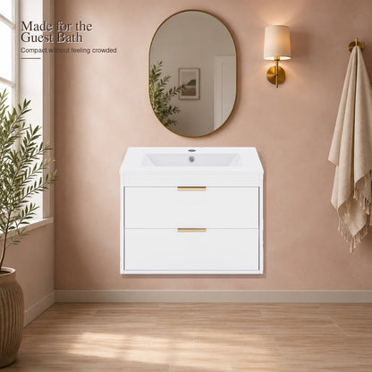 Compact white floating vanity styled in a warm guest bathroom