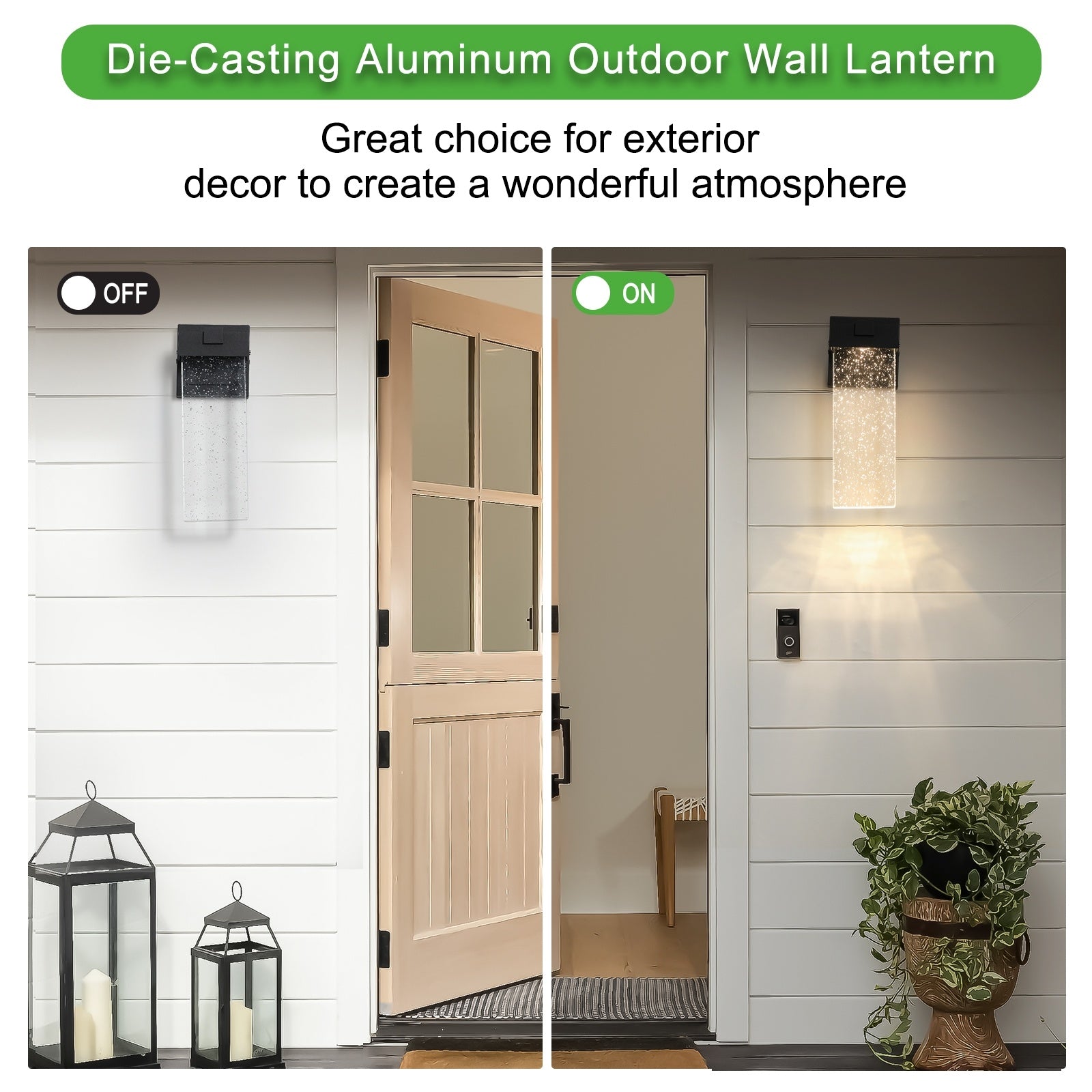 Die-Casting Aluminum Outdoor Wall Lantern with ON/OFF switch on a white wall.