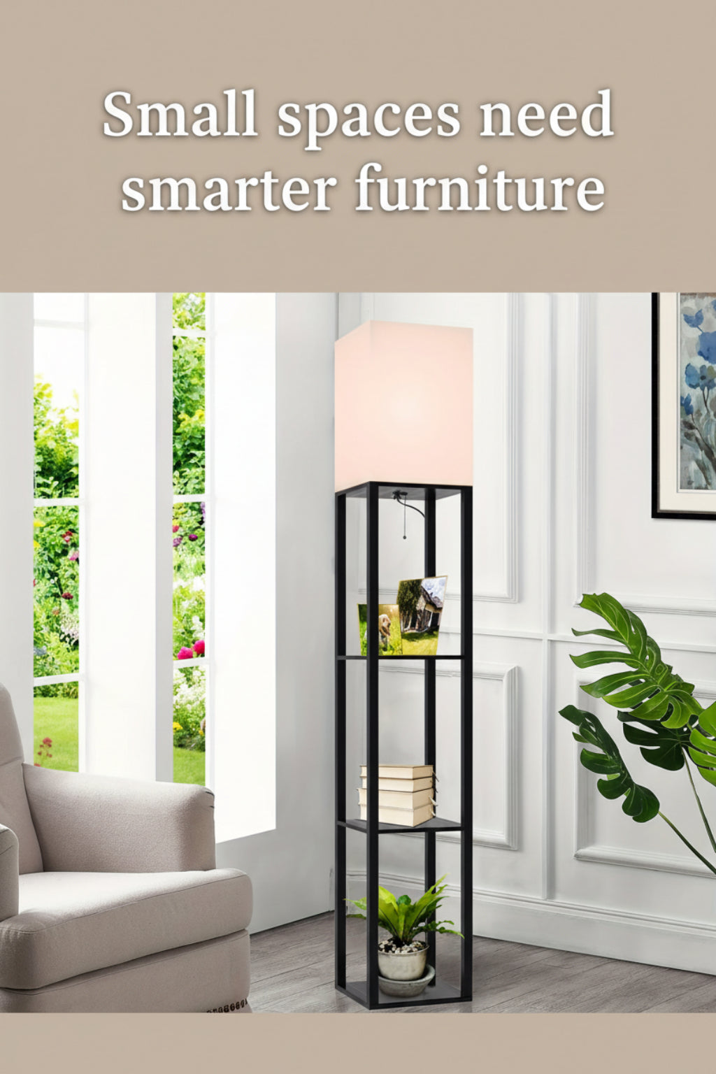 floor lamp with shelf beside a reading chair