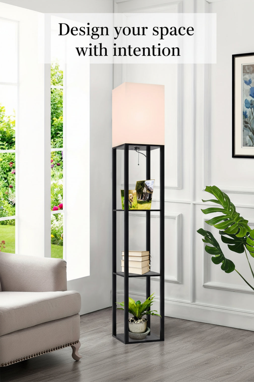 floor lamp with shelf with wooden shelf