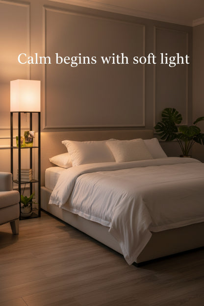 floor lamp with shelf beside a reading chair