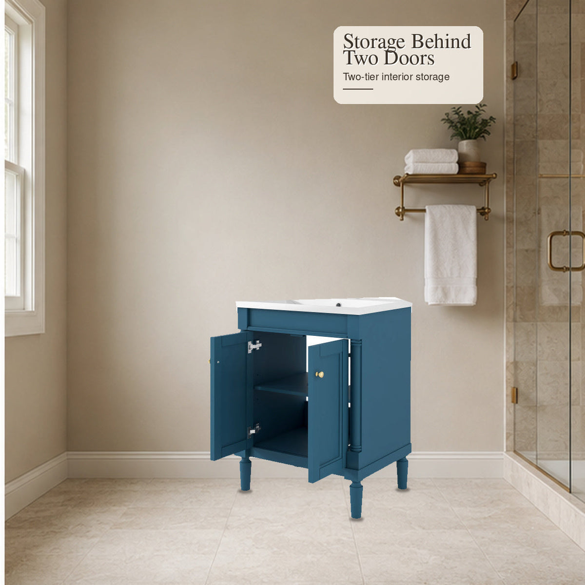 Blue bathroom vanity with two cabinet doors open to show two-tier storage