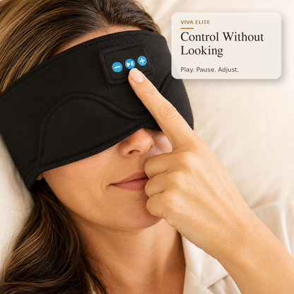 A woman wearing a black sleep mask with built-in control buttons on the forehead, with her finger touching the buttons. A text box in the upper right reads 'VIVA ELITE Control Without Looking.