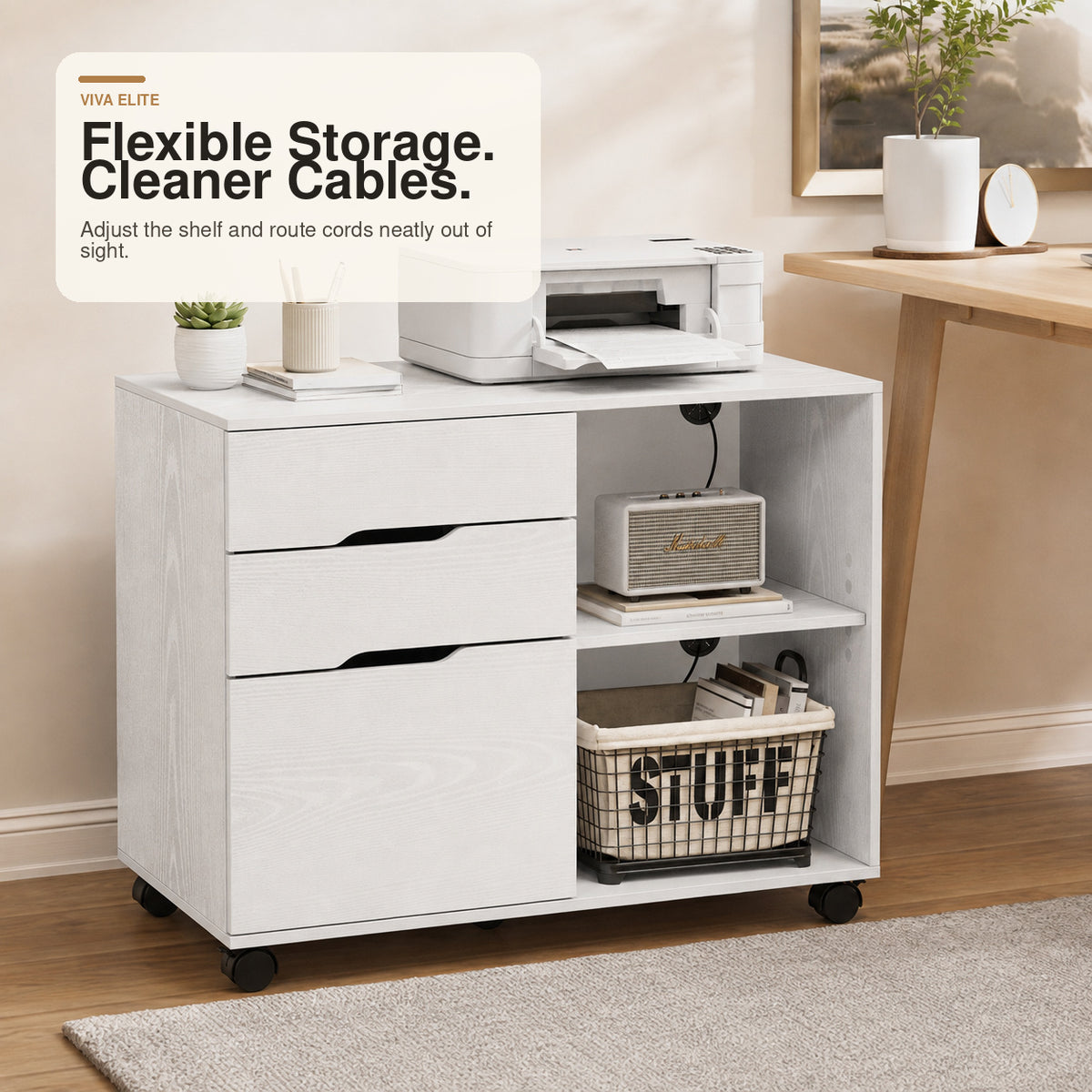 3-Drawer Mobile File Cabinet with Open Shelf & Locking Casters | Viva Elite